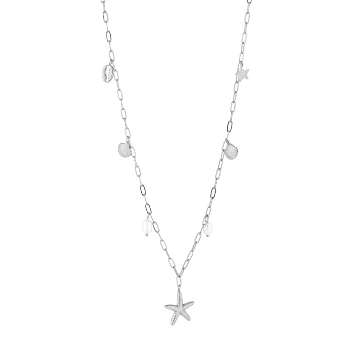 Dames Ketting met Strand Bedels - Lange Schakelketting - Zeester, Schelpen & Parels - Stainless Steel / RVS - 70 cm - Zilver