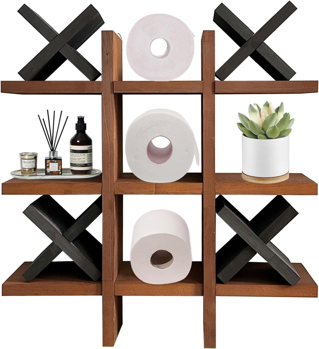 Houten Toiletpapierhouder met Plank en 4 Houten X'en, Ideaal voor Badkamerdecoratie en Opbergruimte