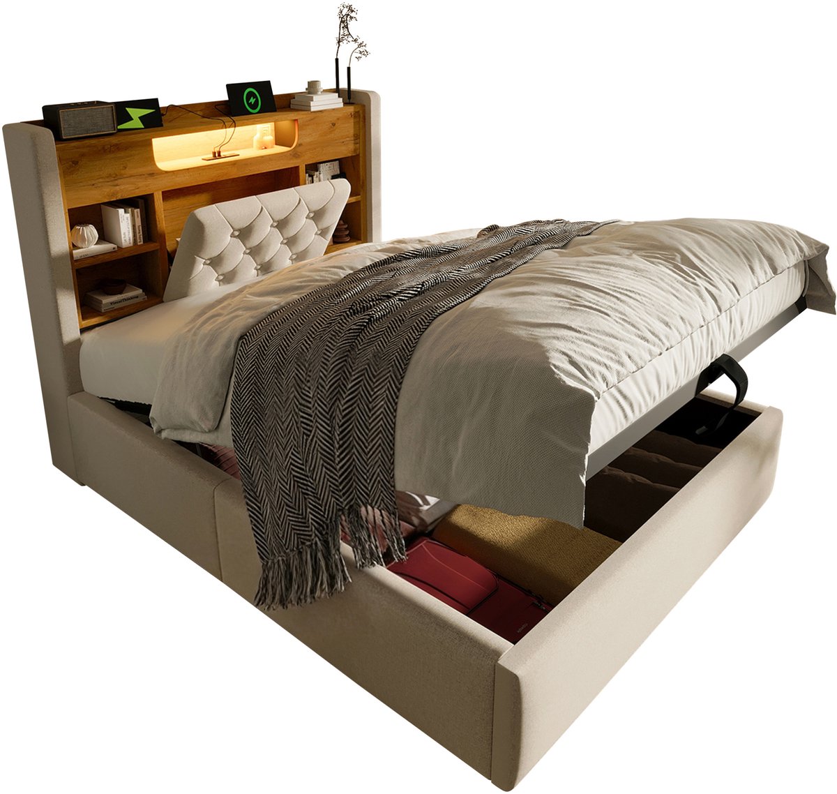 DESMIU Bedframe 90x200cm – Normaal Bed Met Opbergruimte En LED Verlichting – Hydraulisch Opklapmechanisme – Linnenlook – Beige – Zonder Matras