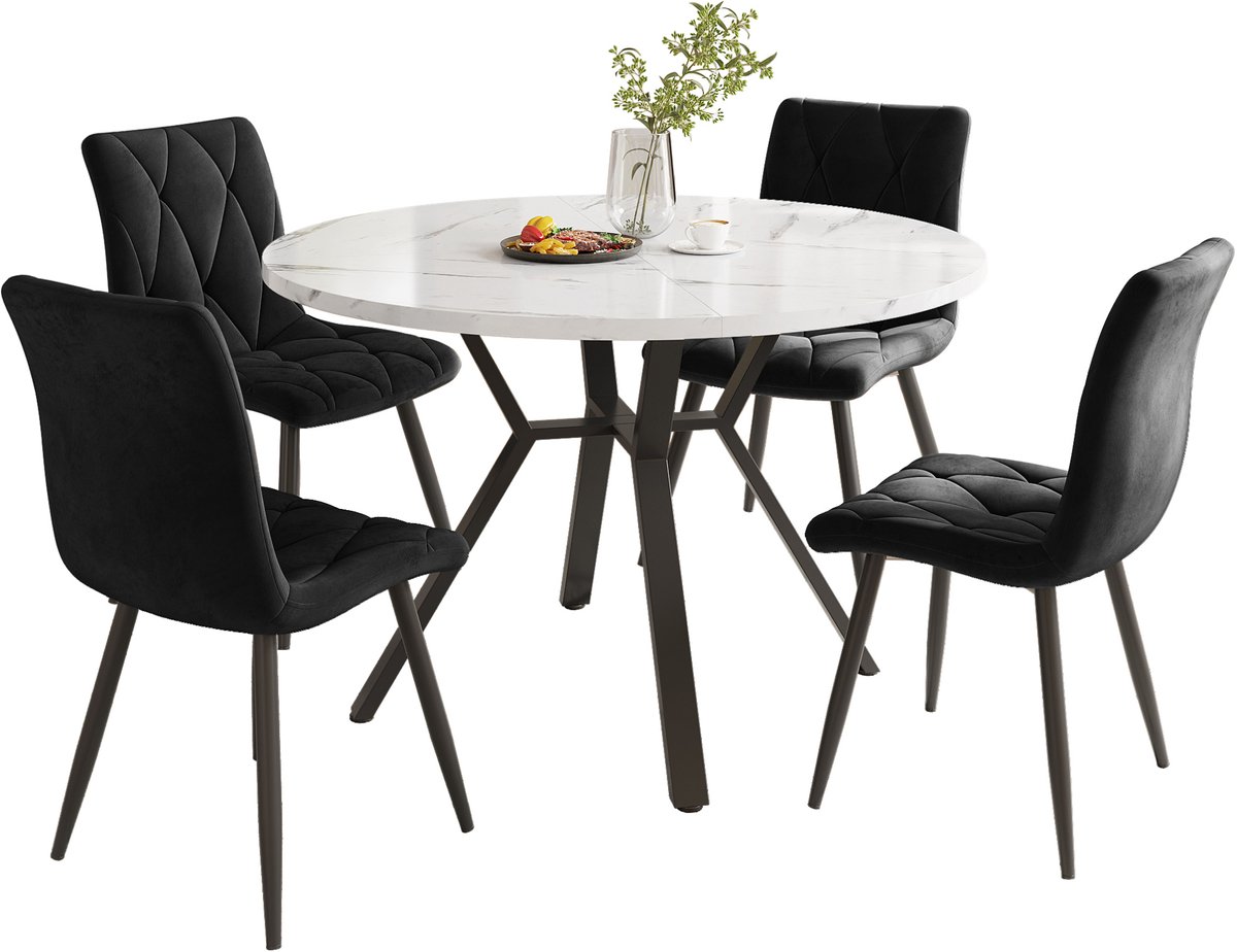 COVREO Ronde eetkamerset 100 cm zwart wit, MDF en metaal, 4 stoelen