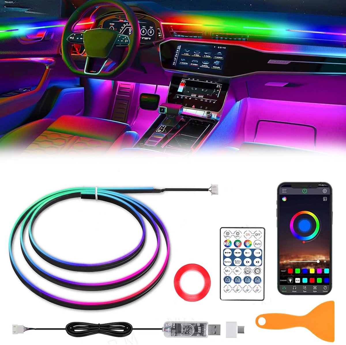 SnelShoppen - Auto-binnenverlichting LED Lichtstrip Meerkleurig Sfeerverlichting met Afstandsbediening - Auto-accessoires Decoratie voor Heren en Dame