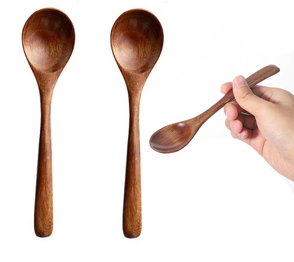 2-stuks Houten soeplepel - Kleine houten theelepel - Houten pollepel - Pollepel - Soeplepel - Houten bestek - Lepel - Keukengerei - Mooi en elegant - Herbruikbaar - 18,5*4,2 cm - Geschikt voor koken, roeren, salades, enz. - Bruin