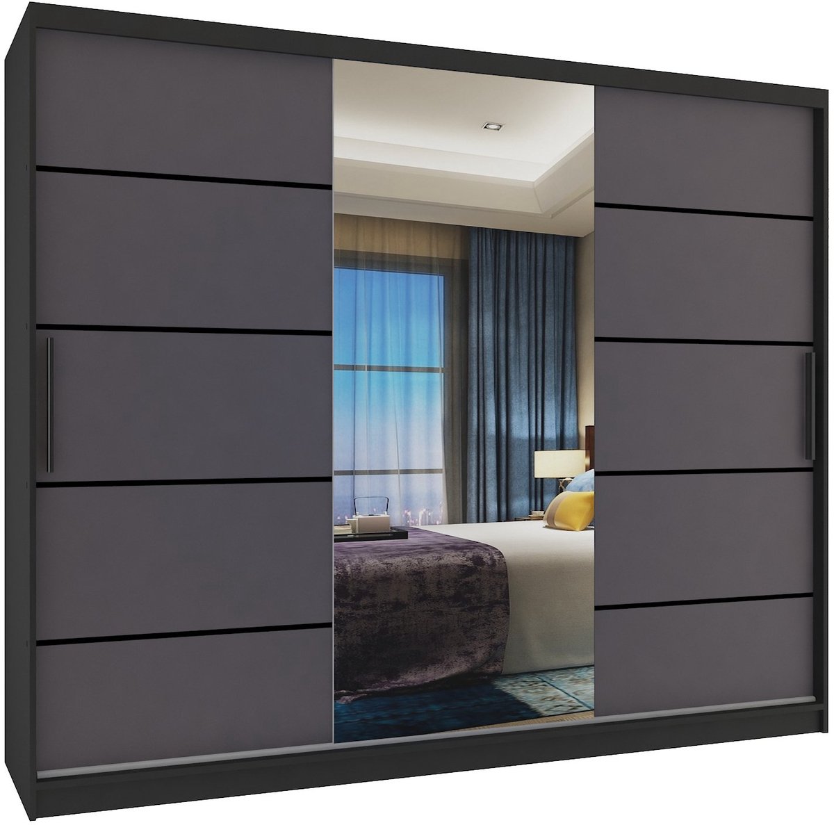 BELINI Verona MBP Schuifdeurkast 232 cm Zwart/Grijs Mat - Kledingkast met Spiegel - Comfort Line Slaapkamerkast