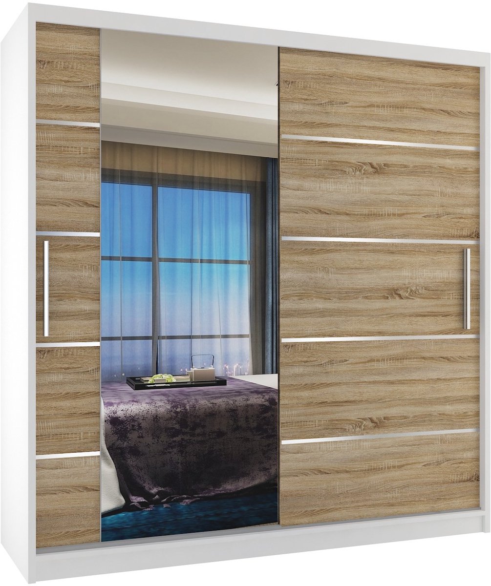 BELINI Verona MBP Schuifdeurkast 158 cm Wit/Sonoma Eiken Mat - Kledingkast met Spiegel - Comfort Line Slaapkamerkast