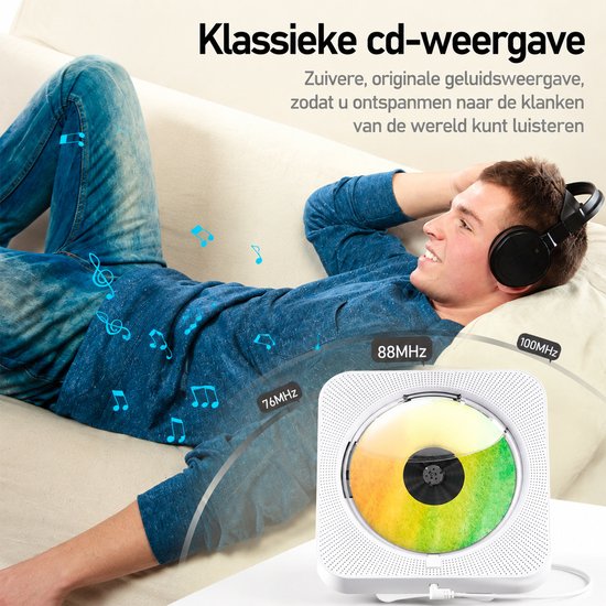 Bluetooth CD-speler - Draagbare CD-speler - Met FM-Radio/Bluetooth/USB - Luidsprekers - Monteerbaar op de Muur - Voor Volwassenen en Kinderen - Wit — afbeelding 5