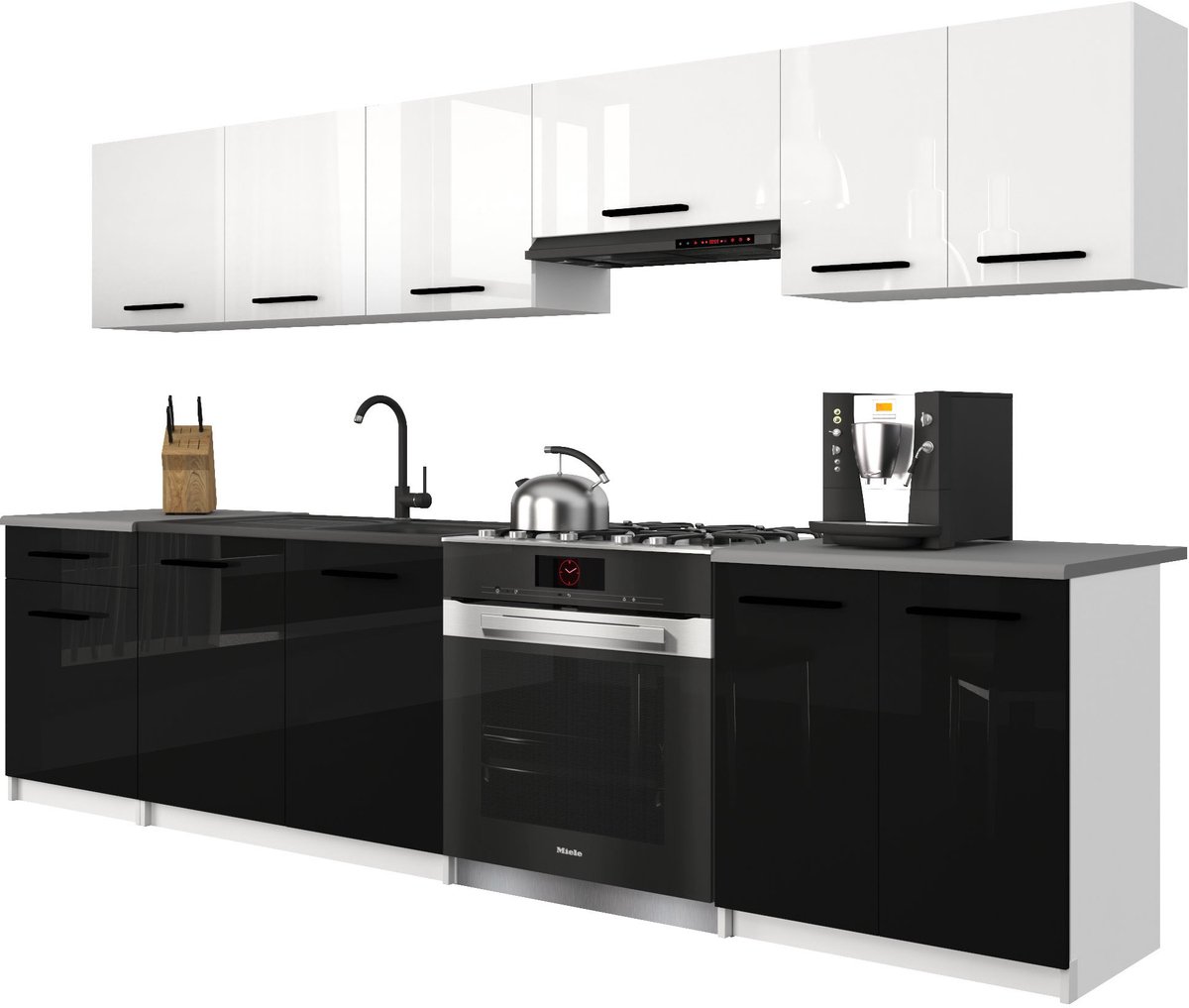BELINI Keukenblok ITALIA 2 - Keukenmeubel Set 240 cm Wit-Zwart Hoogglans met Werkbladen - Boven- en Onderkasten