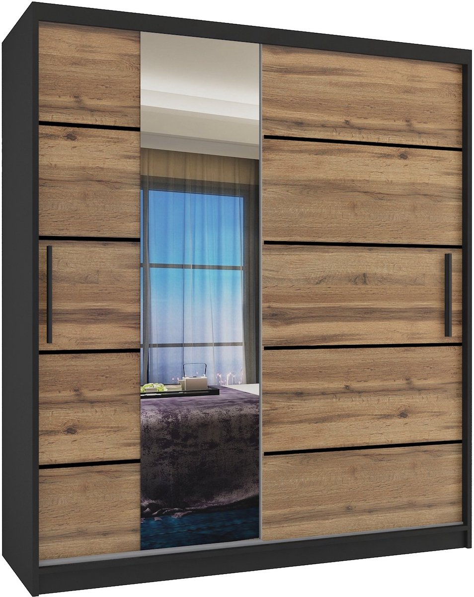 BELINI Verona MBP Schuifdeurkast 133 cm Zwart/Goudbruin Mat - Kledingkast met Spiegel - Comfort Line Slaapkamerkast