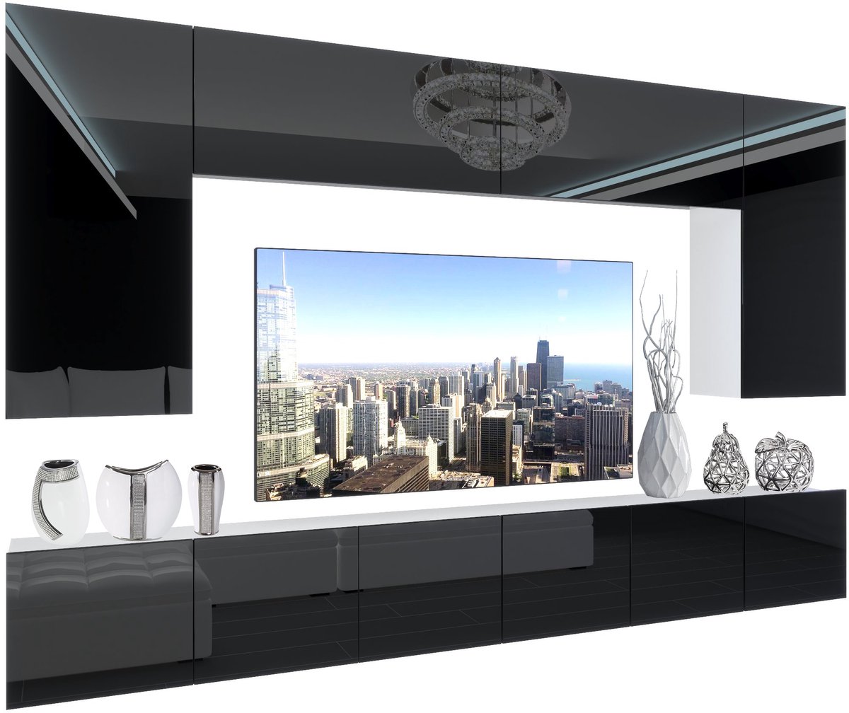 BELINI Wandmeubel NEX 2 - TV-Wandkast Set met LED-Verlichting Zwart - Hoogglans Fronten