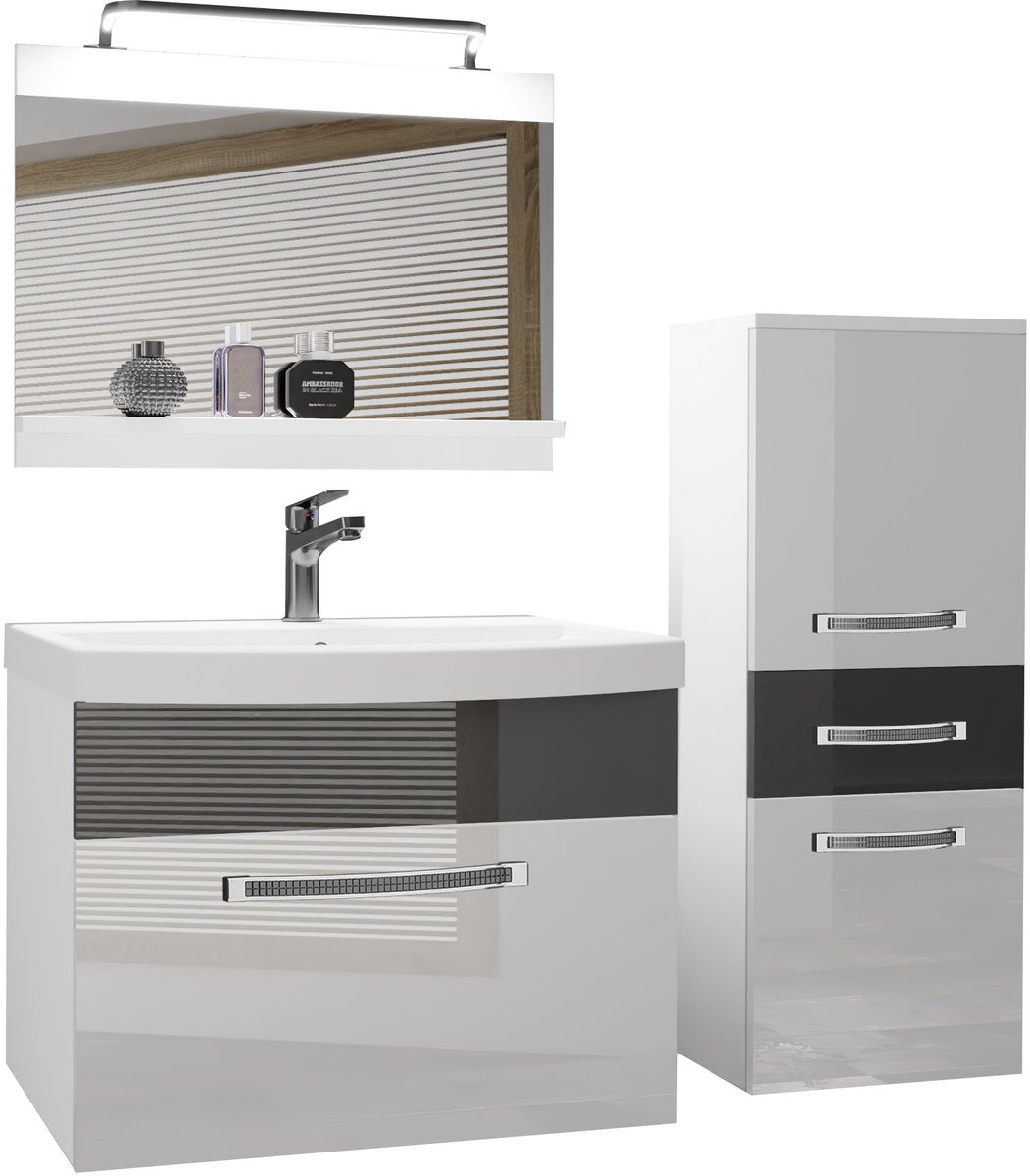 BELINI Badkamermeubel Set GLA P 2 - Badmeubelset 100 cm Wit/Zilver Hoogglans met Wastafel, Spiegel en LED Lamp - Wandmontage