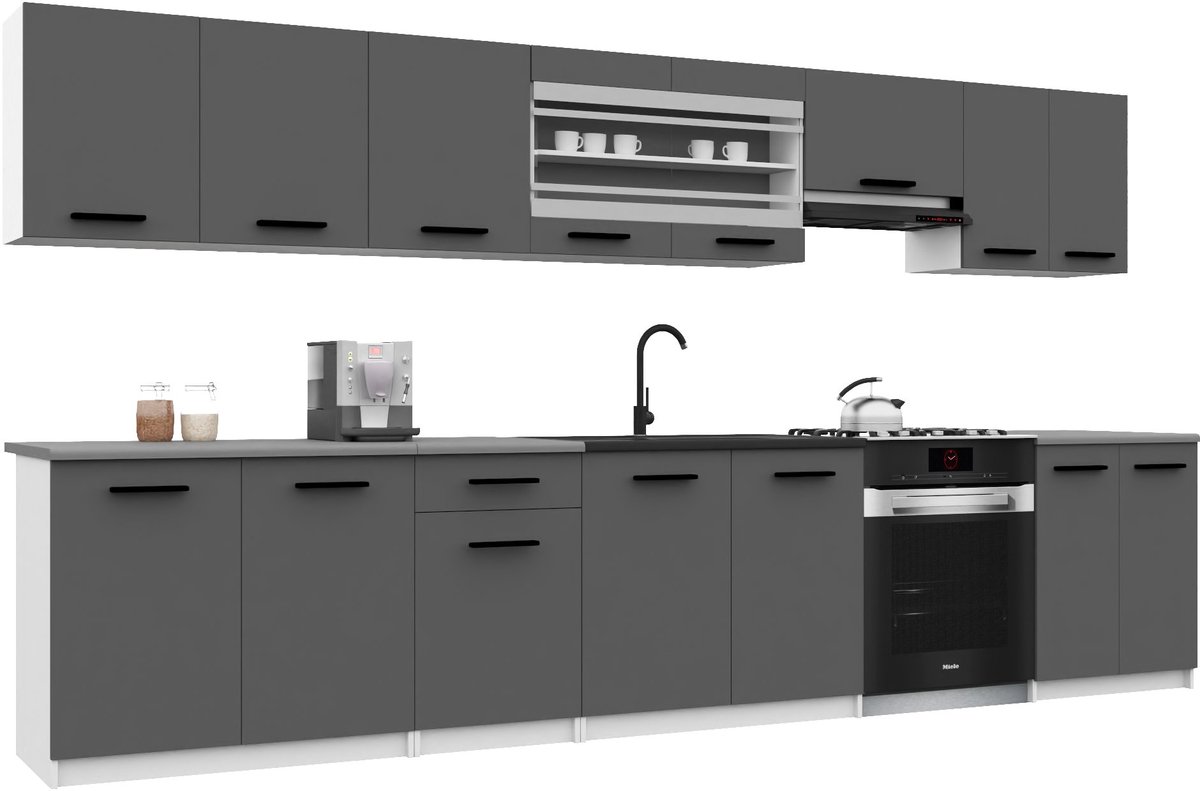 BELINI Keukenblok ITALIA 3 - Keukenmeubel Set 320 cm Grijs met Werkbladen - Boven- en Onderkasten