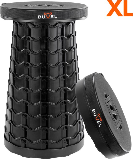 Zwarte telescopische kruk XL staand, met een gesloten kruk ernaast.
