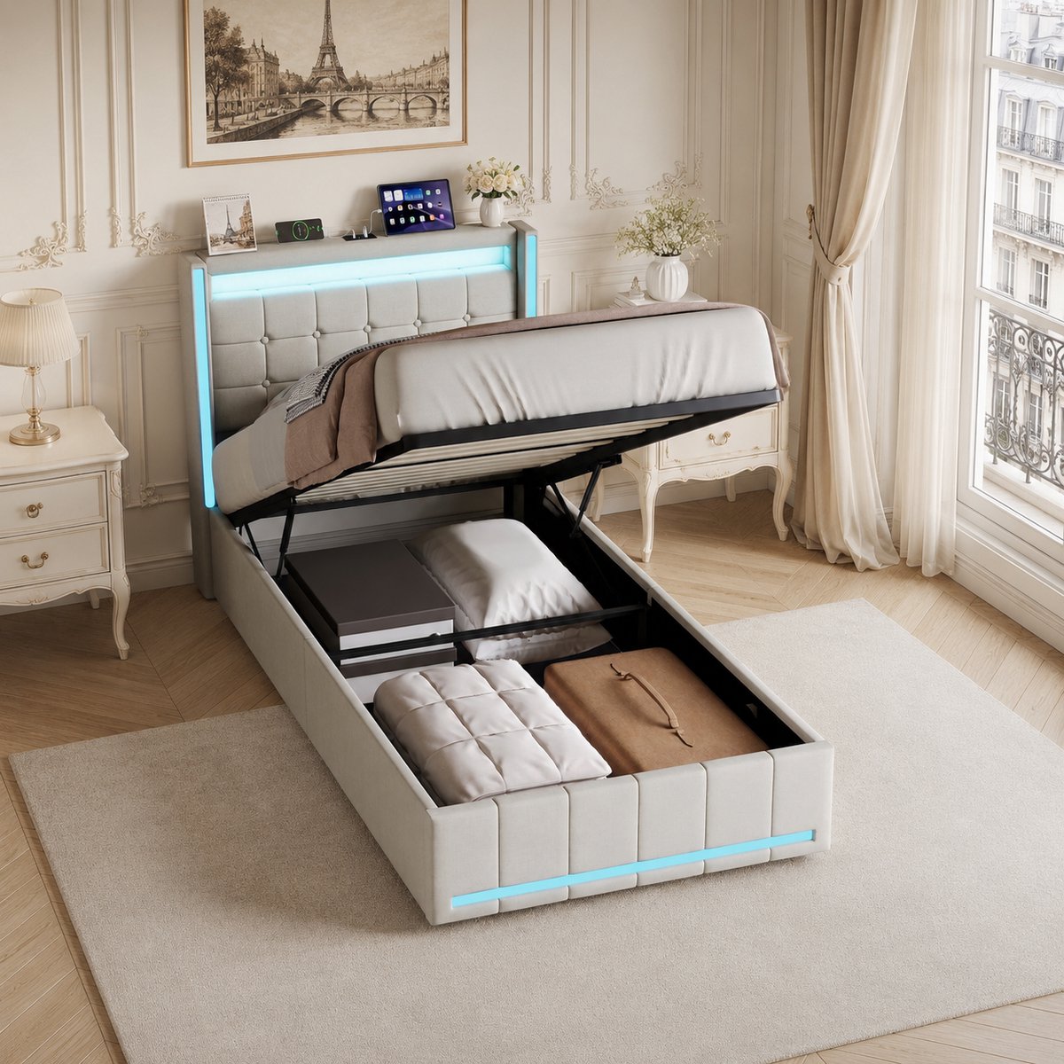 Opbergbed 90x200 cm met ledverlichting en USB-aansluiting, Eenpersoonsbed met hydraulische opbergruimte, gestoffeerd frame, hoofdbord en lattenbodem, linnen Beige