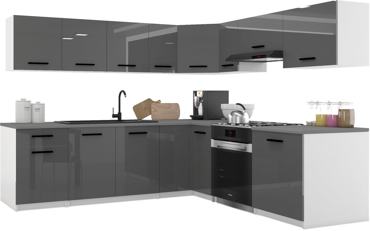 BELINI Keukenblok ITALIA 7 - Keukenmeubel Set 420 cm Grijs Hoogglans met Werkbladen - Boven- en Onderkasten