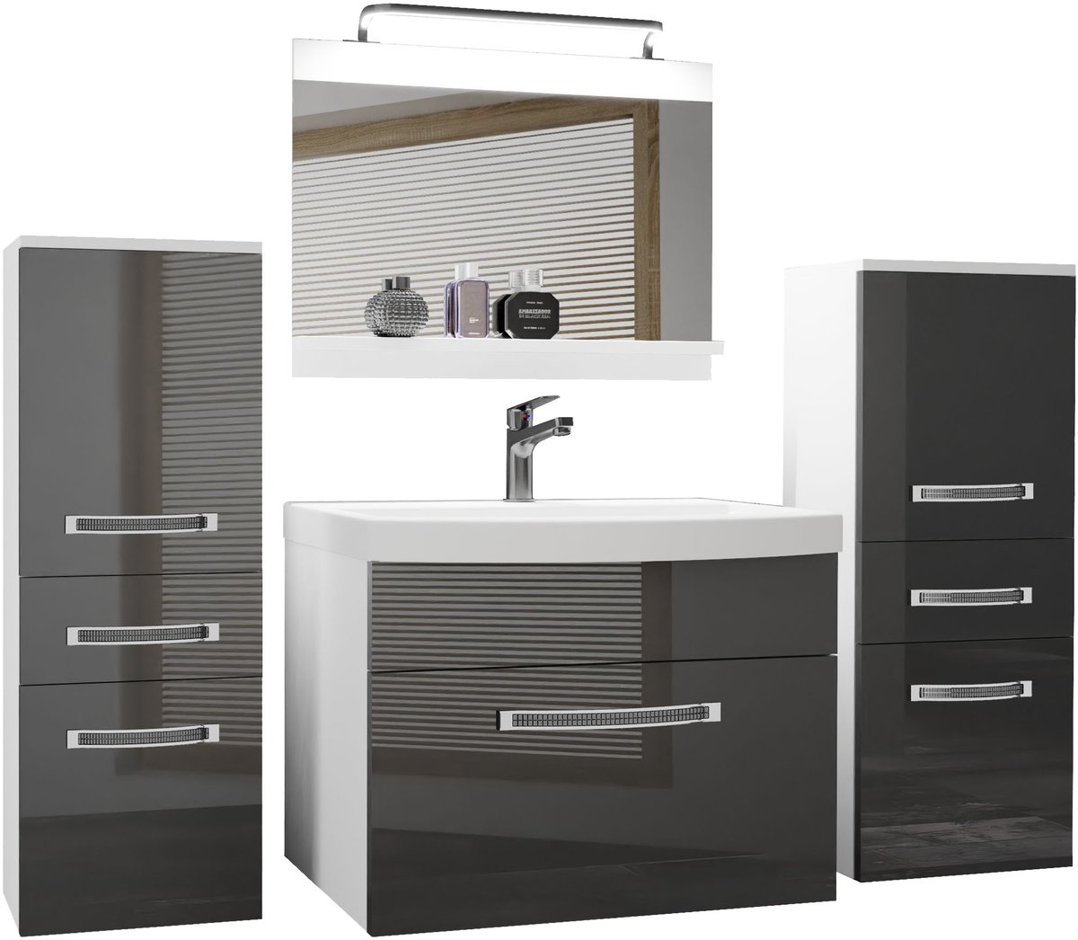 BELINI Badkamermeubel Set GLA P 4 - Badmeubelset 140 cm Grijs Hoogglans met Wastafel, Spiegel en LED Lamp - Wandmontage