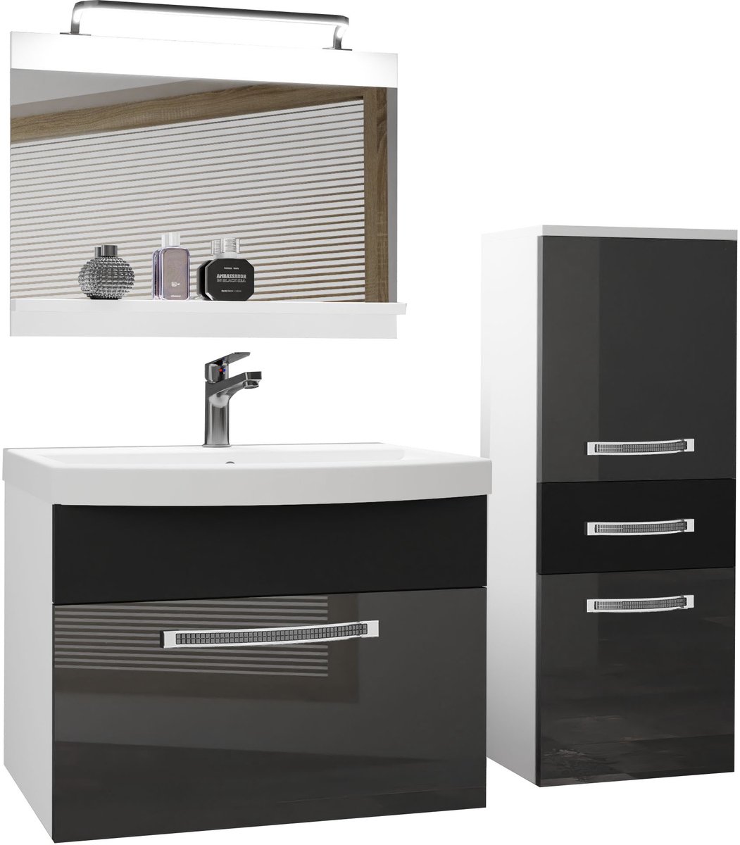 BELINI Badkamermeubel Set GLA PM 2 - Badmeubelset 100 cm Zilver / Zwart met Wastafel, Spiegel en LED Lamp - Wandmontage