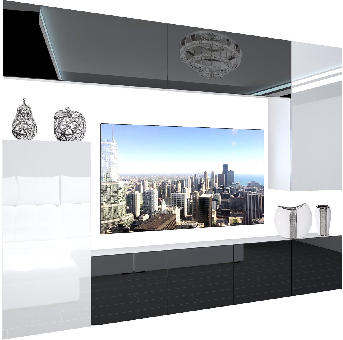 BELINI Wandmeubel NEX 8 - TV-Wandkast Set met LED-Verlichting Zwart / Wit - Hoogglans Fronten