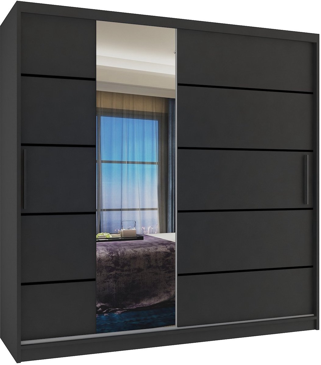 BELINI Verona MBP Schuifdeurkast 200 cm Zwart Mat - Kledingkast met Spiegel - Comfort Line Slaapkamerkast