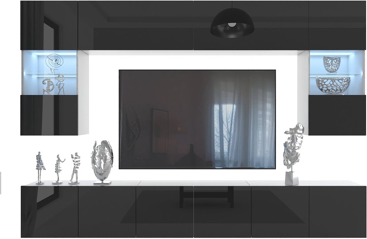 BELINI Wandmeubel Milano 1 300 cm Zwart Hoogglans - TV-Wand Greeploos - Moderne Woonwand met Gasliftsysteem - Modulair TV-Meubel