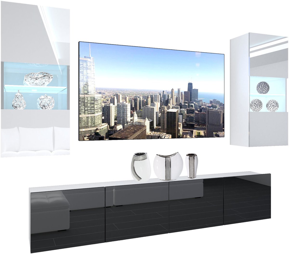 BELINI Wandmeubel NEX 7 - TV-Wandkast Set met LED-Verlichting Wit / Zwart - Hoogglans Fronten