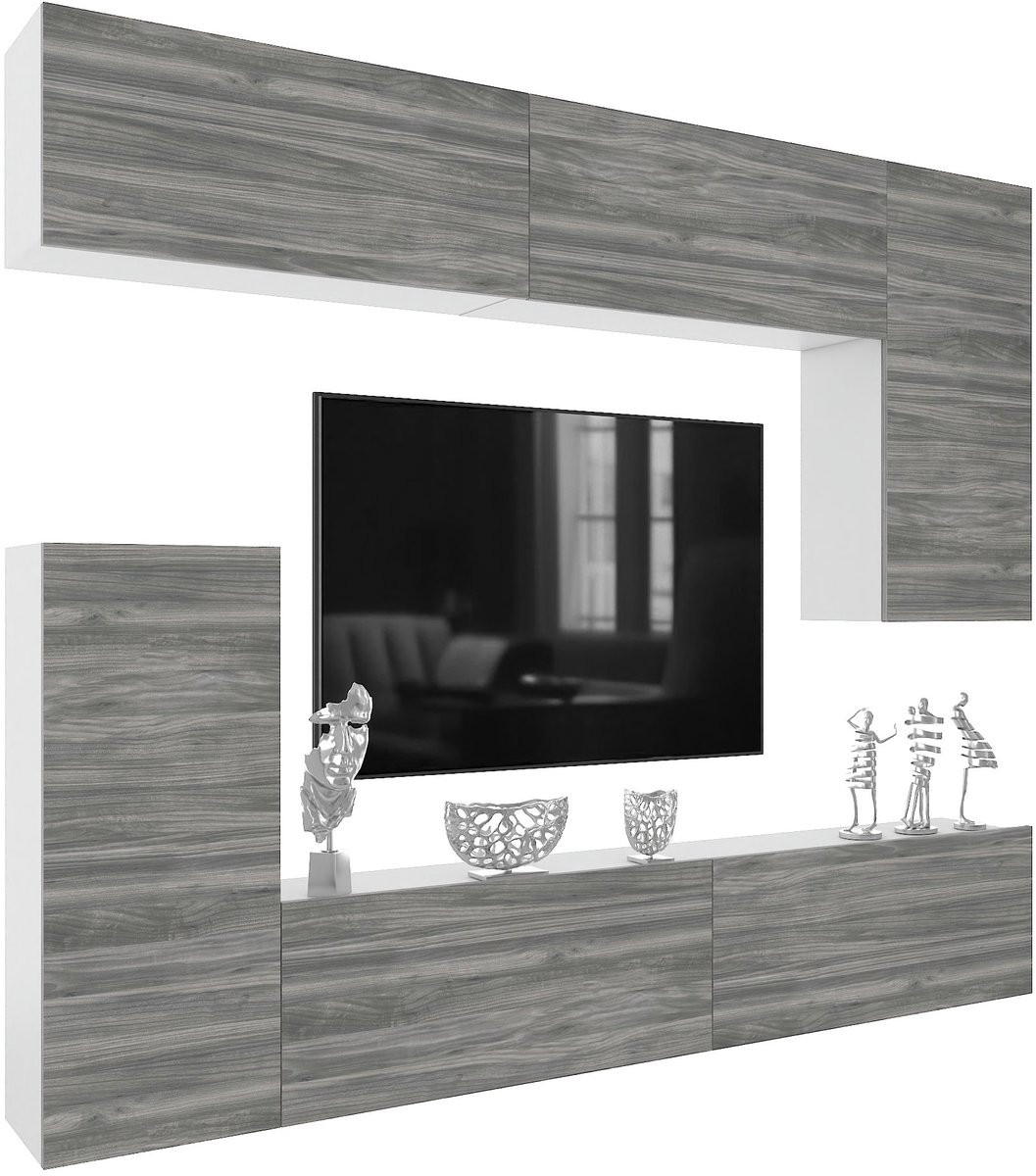 BELINI Wandmeubel Milano 8 250 cm Grijs Mat - TV-Wand Greeploos - Moderne Woonwand met Gasliftsysteem - Modulair TV-Meubel