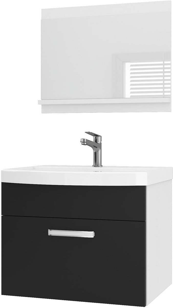 BELINI Badkamermeubel Set PRI P1 - Badmeubelset 60 cm Zwart Hoogglans met Wastafel en Spiegel - Wandmontage