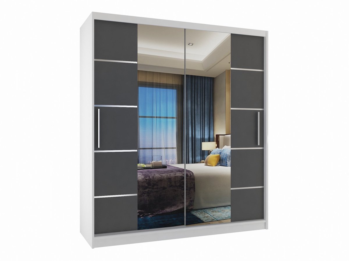BELINI Verona ME Schuifdeurkast 133 cm Wit/Grijs Mat - Kledingkast met Spiegel - Comfort Line Slaapkamerkast