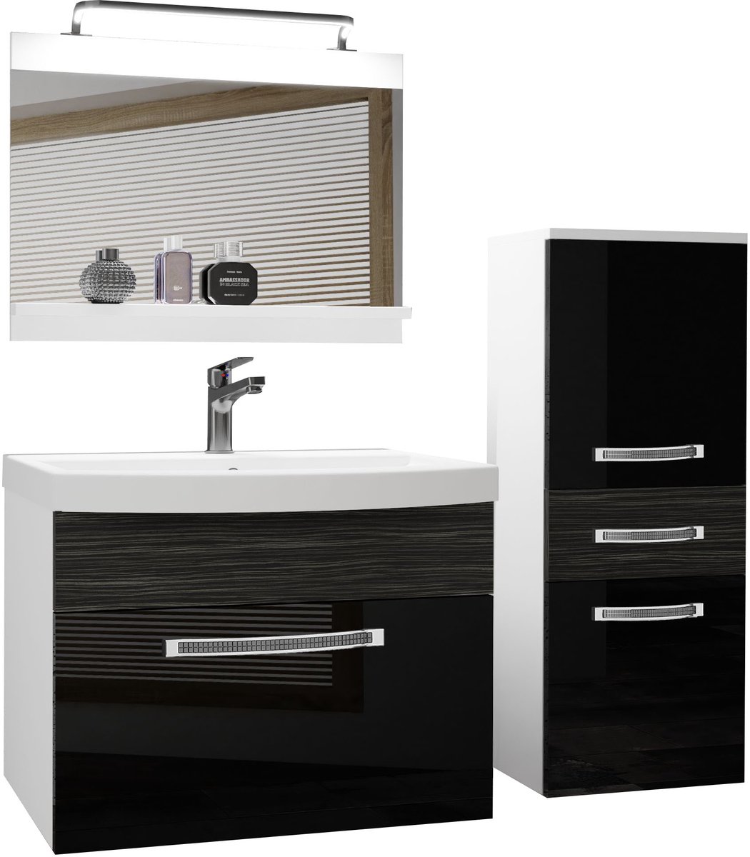 BELINI Badkamermeubel Set GLA PM 2 - Badmeubelset 100 cm Zwart/Ebbenhout Royal Hoogglans en Mat met Wastafel, Spiegel en LED Lamp - Wandmontage