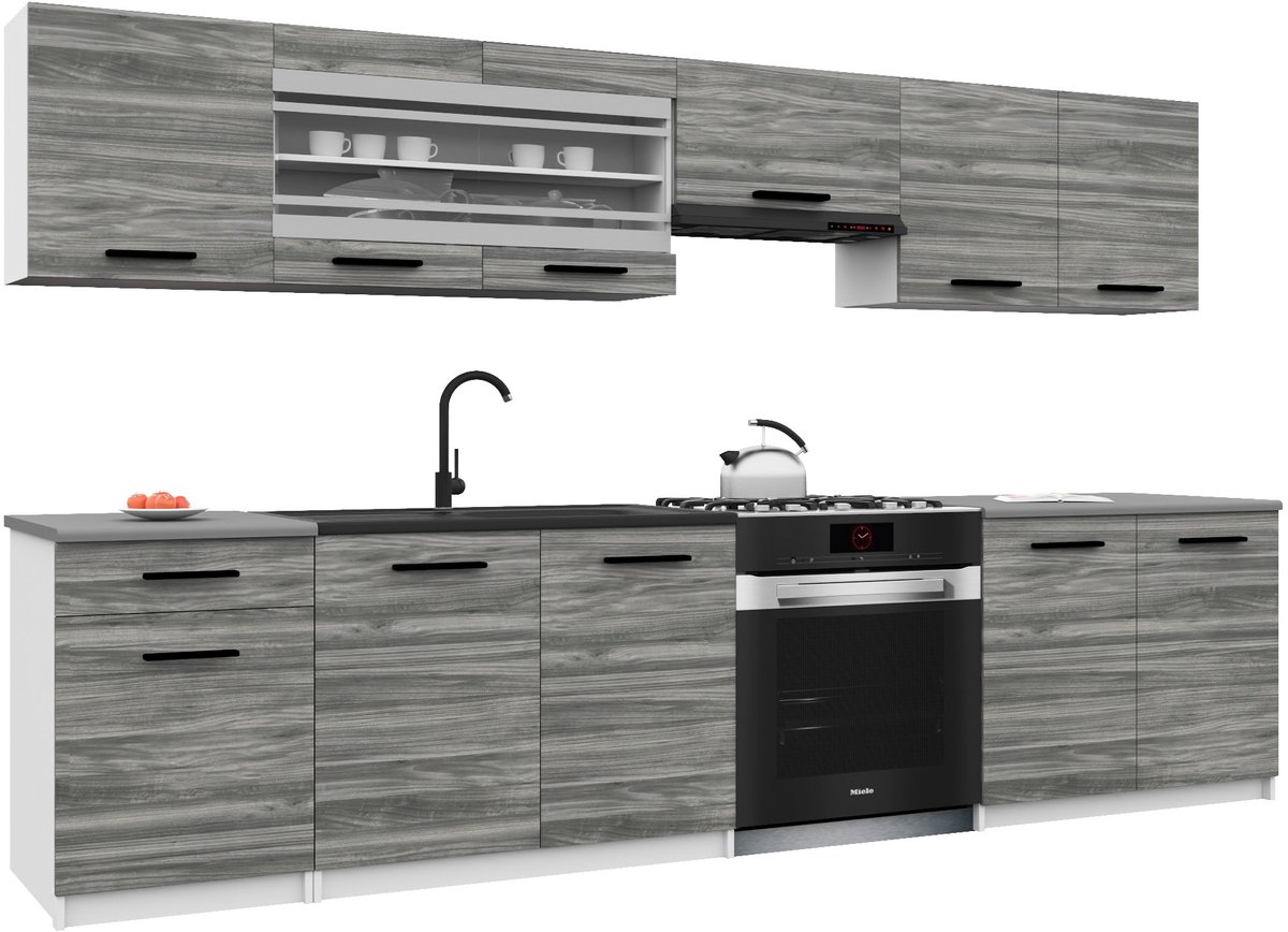 BELINI Keukenblok ITALIA 4 - Keukenmeubel Set 260 cm Wit-Grijs Glamour met Werkbladen - Boven- en Onderkasten