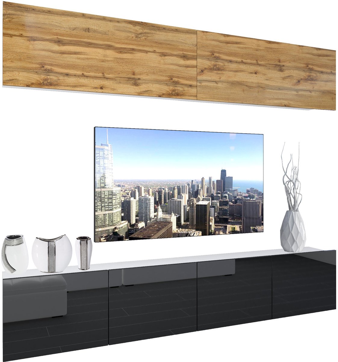 BELINI Wandmeubel NEX 6 - TV-Wandkast Set met LED-Verlichting Wotan Eiken / Zwart - Hoogglans Fronten