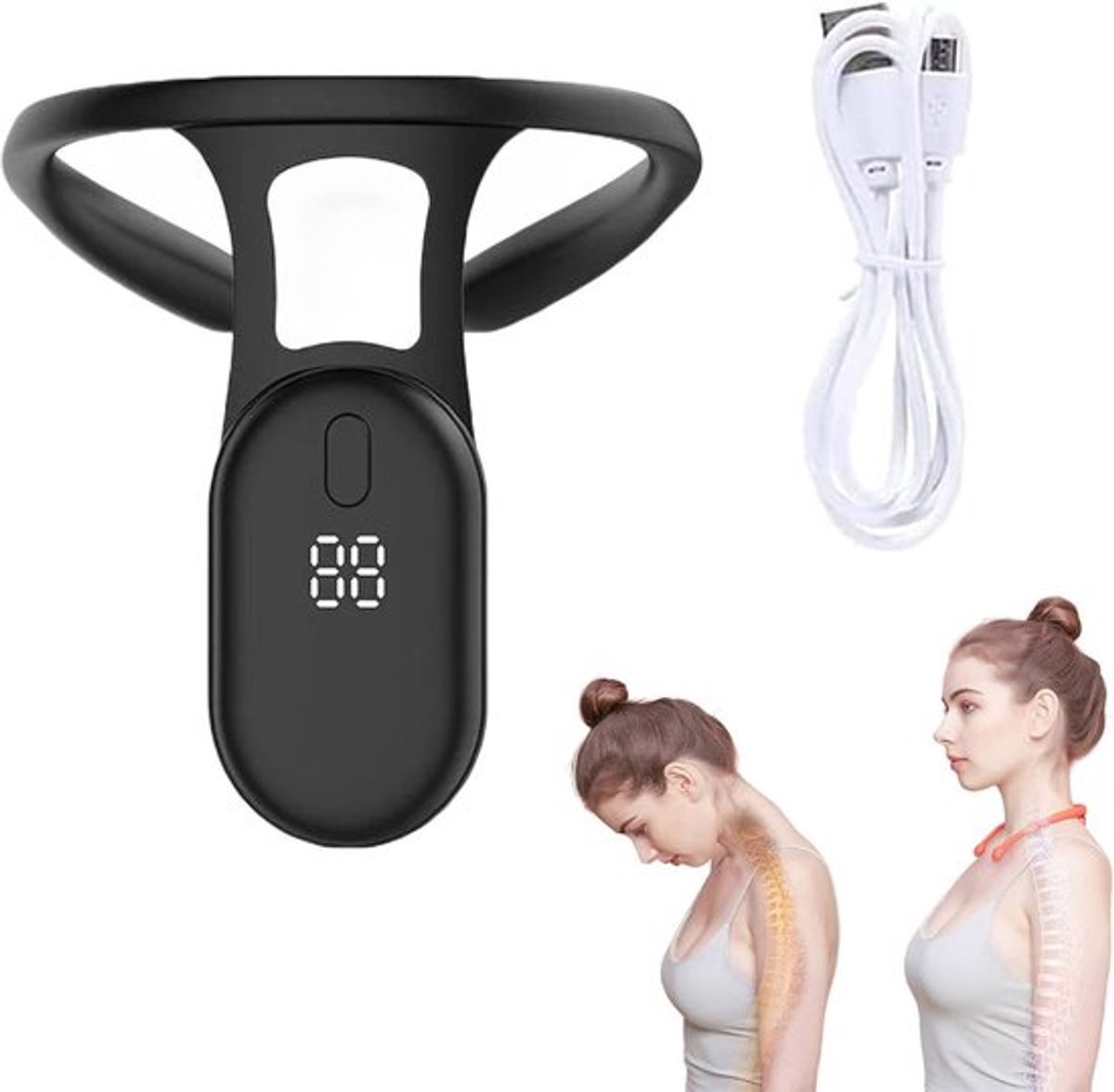 Slimme houdingscorrector met trilfunctie voor volwassenen en kinderen, lichtgewicht rugcorrector, houdingscorrector tegen kromme rug voor studenten, nekverzachtende ultrasone lymfedrainagemassager – draagbaar (zwart)