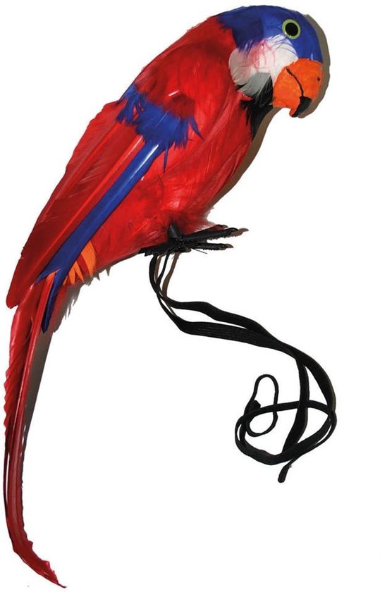 Decoratieve rode papegaai met blauwe vleugelaccenten en zwarte koordjes.
