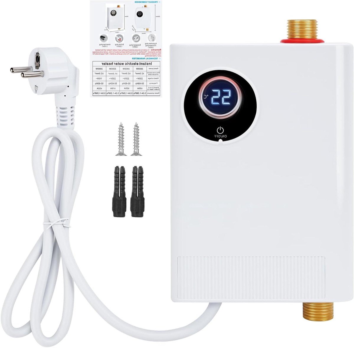 Mini doorstroomboiler - Elektrische boiler - Direct heet water - LCD temperatuurweergave - 3800 Watt - Wit