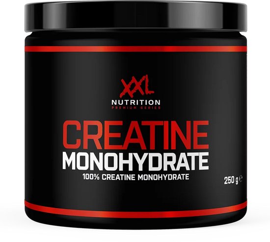 Zwarte pot XXL Nutrition Creatine Monohydraat, met rode en witte tekst. 250 g.