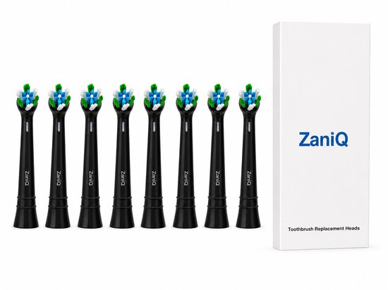 Zes zwarte ZaniQ opzetborstels met blauwe, witte en groene borstelharen, naast een witte verpakking met 'ZaniQ' en 'Toothbrush Replacement Heads'.