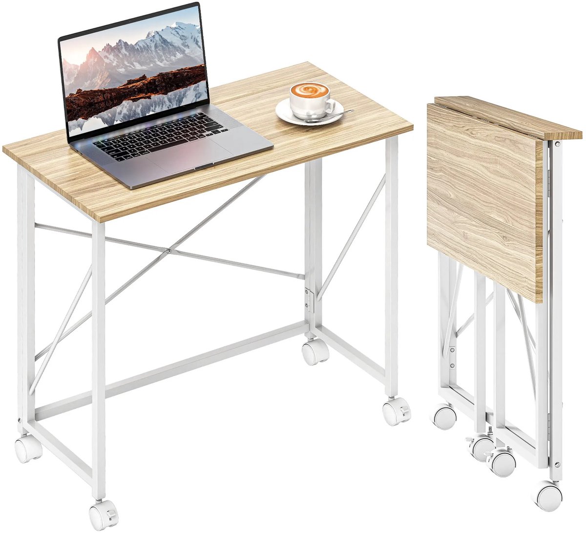 Atlasyx bureau - Klaptafel - Werktafel - Computerbureau - Klein bureau - Inklapbaar bureau - Met rem - 80 x 40 x 75 cm - Eiken