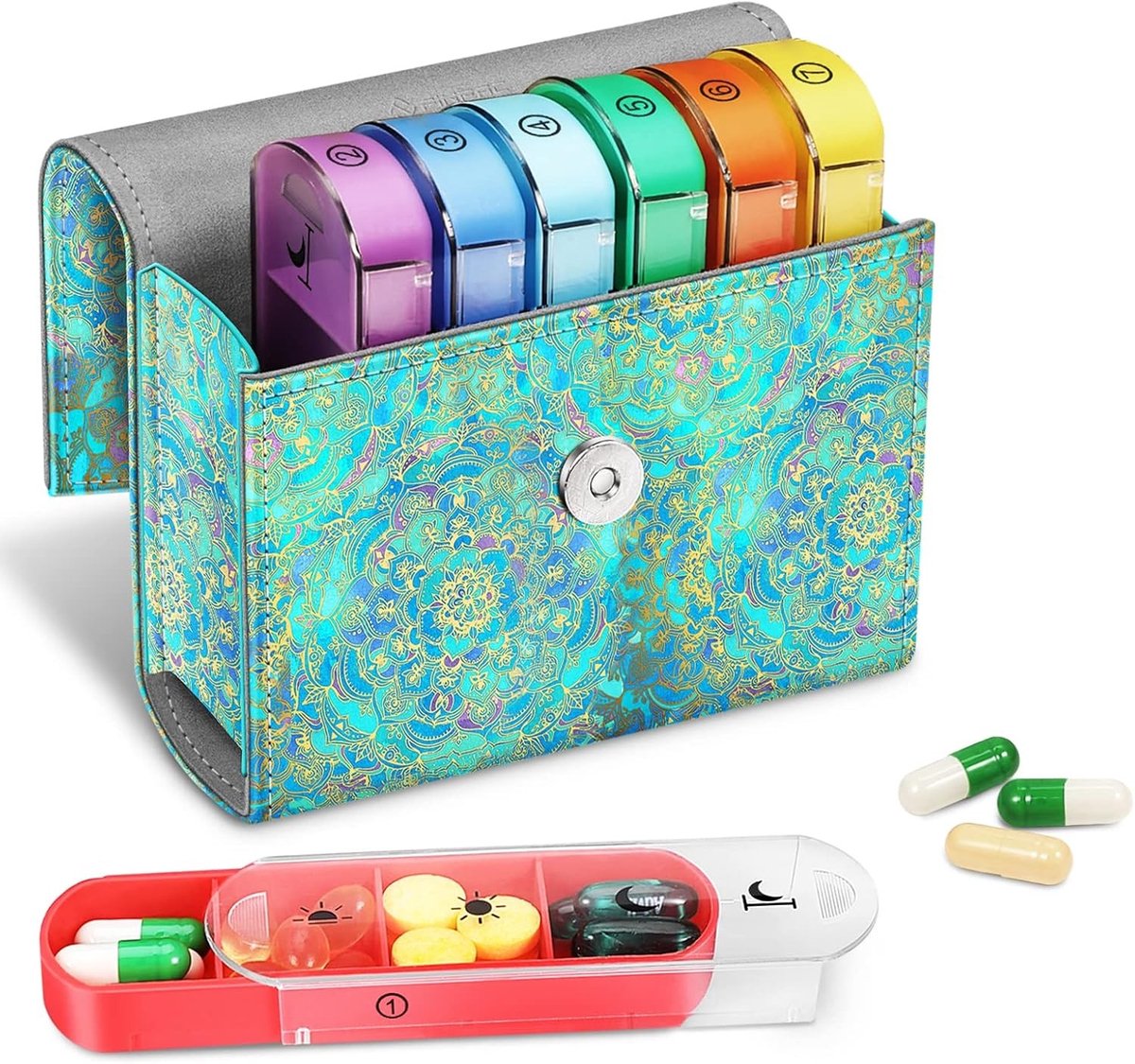 Tablet Box voor 7 Dagen met 4 Compartimenten - Pillendoos voor 4 Keer per Dag met Neplederen Tas en Naamkaart voor Vitaminen en Medicijnen, Ideaal voor Ochtend, Middag en Avond