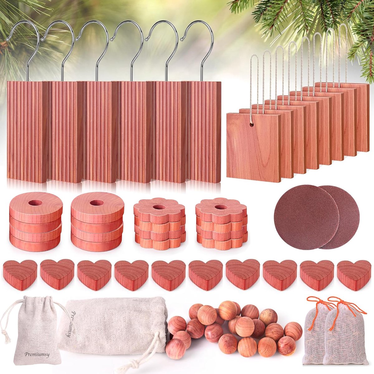 Premiumsy Mottenballen Set - 62 Stuks - Cederhout tegen Motten - Mottenballen Kledingkast - Motten Bestrijden - Mottenval - Mottenvanger - Mottenpapier - Incl. Schuurpapier en Opbergzakje