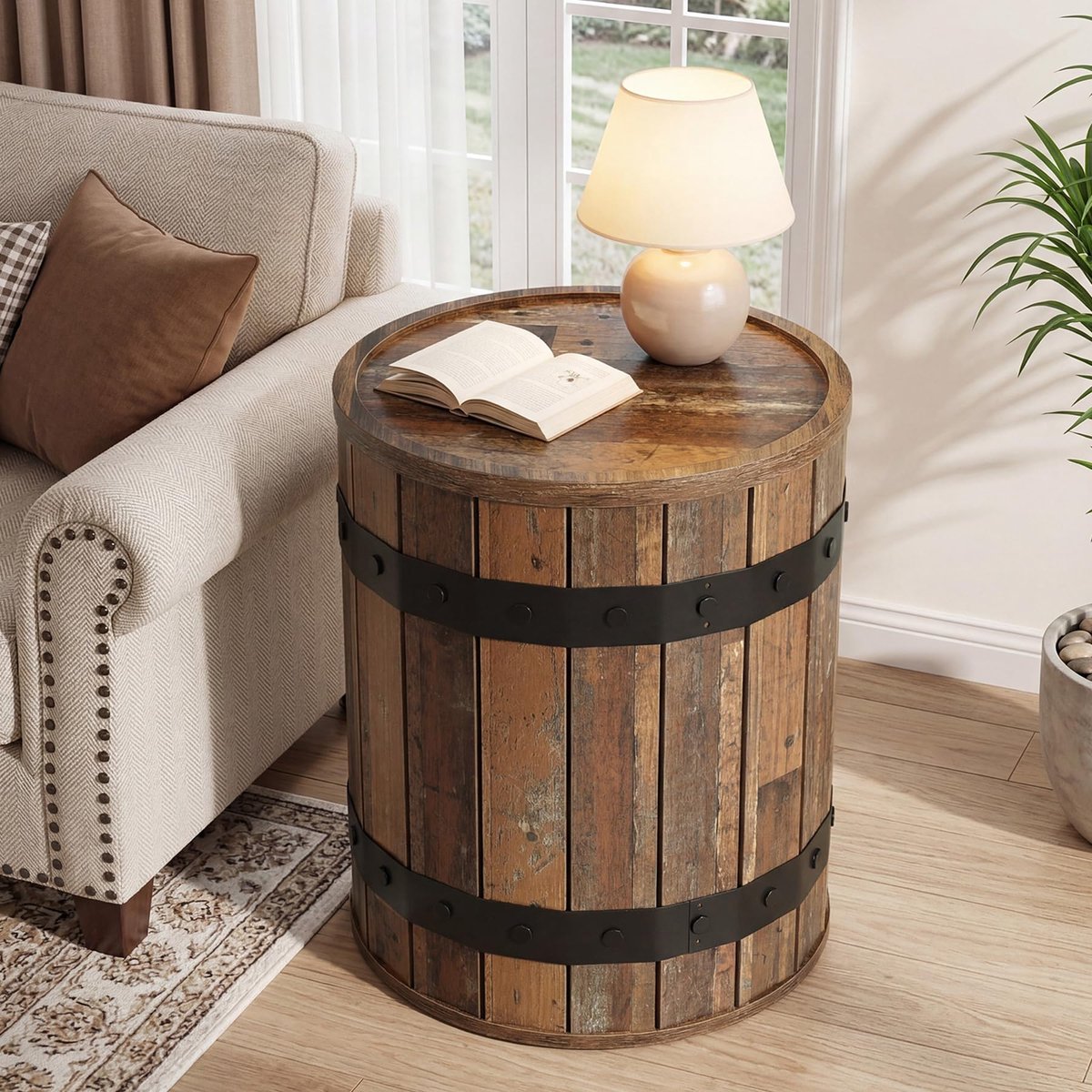 LITTLE TREE Bijzettafel - Sidetable - Hout - Rustiek bruin - Boerderijstijl - 50 cm rond - Vatvormig met verborgen opbergruimte en afneembaar deksel - voor woonkamer en slaapkamer