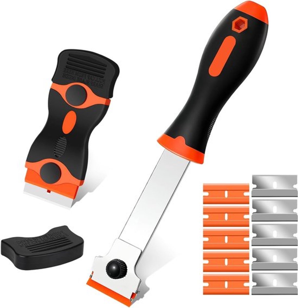 Glas- en keramische schraper set met 2 schrapers, 5 roestvrijstalen en 5 plastic bladen, ergonomische grip voor eenvoudig gebruik