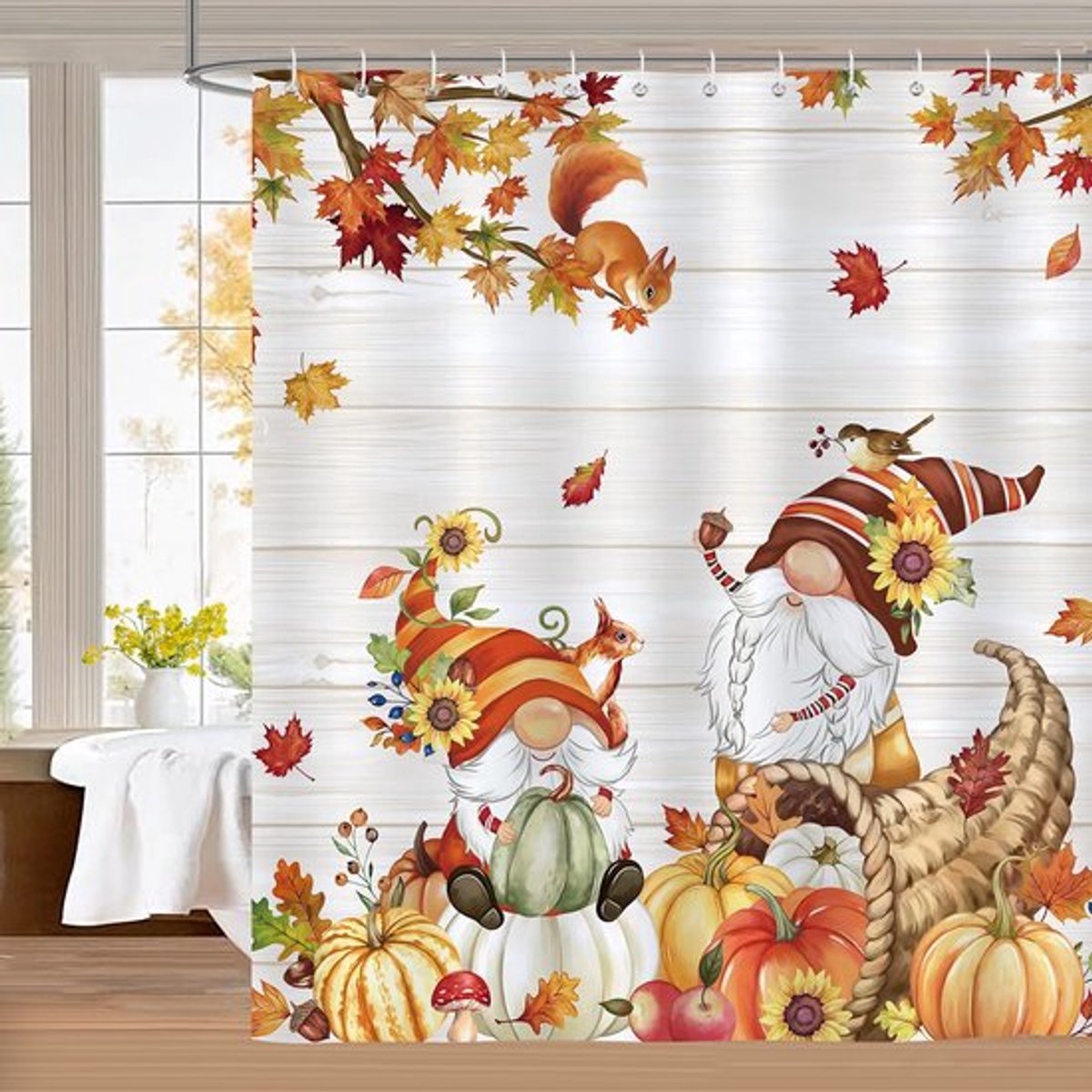 Douchegordijn 180x180 cm - Schimmelwerend - Waterdicht - Wasbaar - Polyester - Herfstpatroon met dwergen - Badkamergordijn