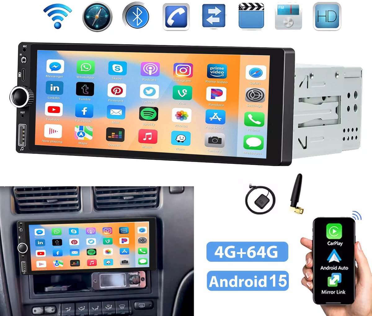 ESSGOO Universele 1Din Autoradio met Bluetooth - Draadloze Apple Carplay en Android Auto - 6,86 inch Touchscreen - Android 15 4 + 64GB - USB, Aux, FM-Radio, RDS, MP5 - Handsfree bellen