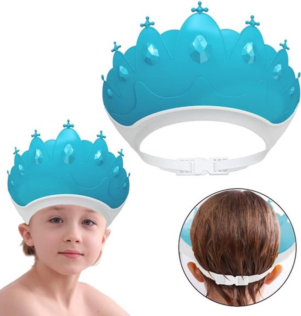 Kleurrijke douchehoed voor kinderen - Verstelbare siliconen douchekap met oogbescherming - Haren wassen baby en kinderen - Kindvriendelijke kroonmotief - Blauw.