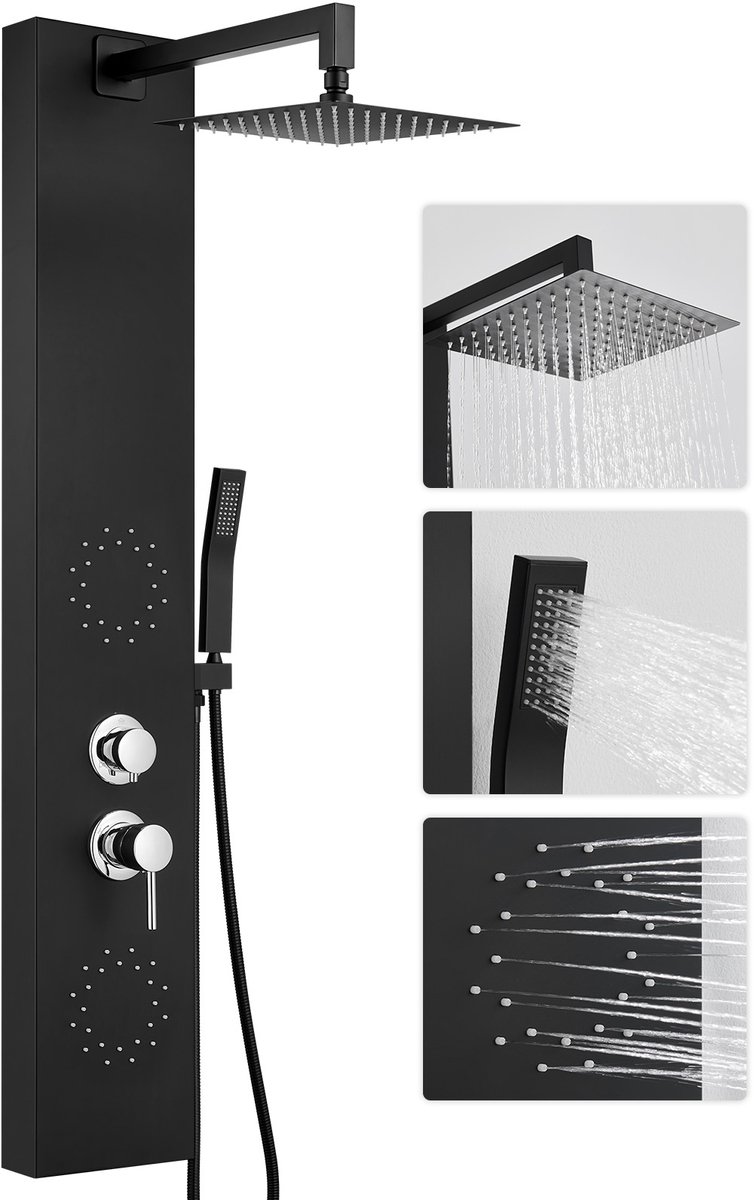 Auralum Douchepaneel Zwart - 3-Functie Douchekolom - Regendouche - Handdouche - Massage Jets - 10 inch - RVS - Rond - Wandmontage - Waterbesparend