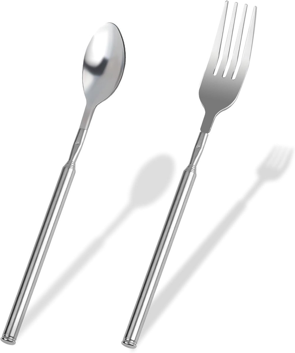 Verstelbare RVS Telescopische Vork en Lepel Set van 22-65 cm voor BBQ en Kamperen, Ideaal voor Buitengebruik en Langdurig Gebruik
