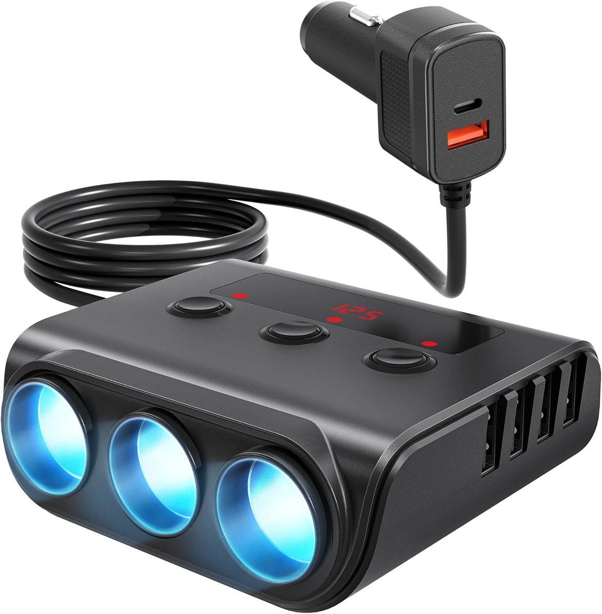 SnelShoppen - 9-in-1 Sigarettenaansteker 12V/24V met 3 Stopcontacten, Oplader voor Sigarettenaansteker, 180W, USB-C/QC 3.0, LED-Voltmeter en Schakelaa