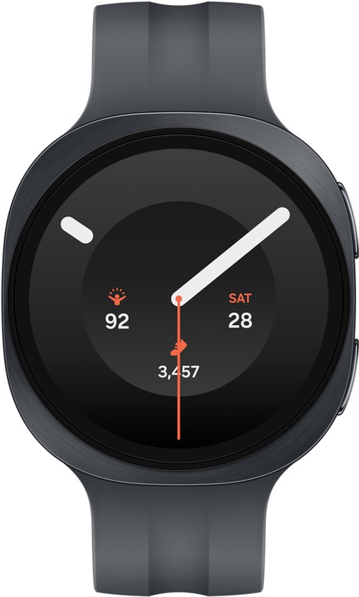 Zwarte Samsung Galaxy Watch9 smartwatch met een donkergrijs bandje, frontaal weergegeven. Wijzerplaat toont zaterdag 28, 92 en 3.457.