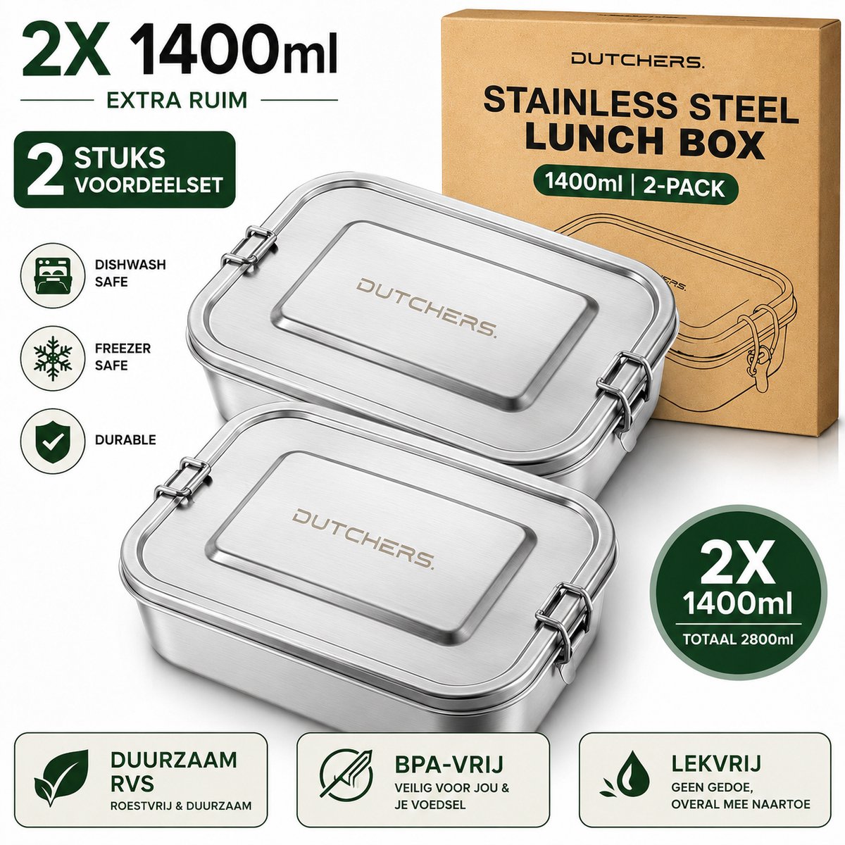Dutchers® 2x RVS Lunchbox met 3 Compartimenten – 1400 ml - BentoBox - Lunchtrommel - Volwassenen - Broodtrommel - Foodprep - BPA Vrij Luchtdicht, Duurzaam & Stijlvol