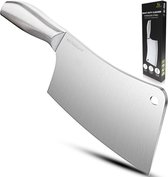Hachoir argenté robuste en acier inoxydable avec manche argenté et emballage.