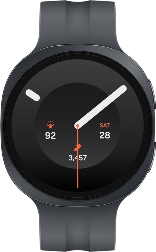 Galaxy Watch9 Samsung gris foncé avec cadran rond et bracelet de sport.
