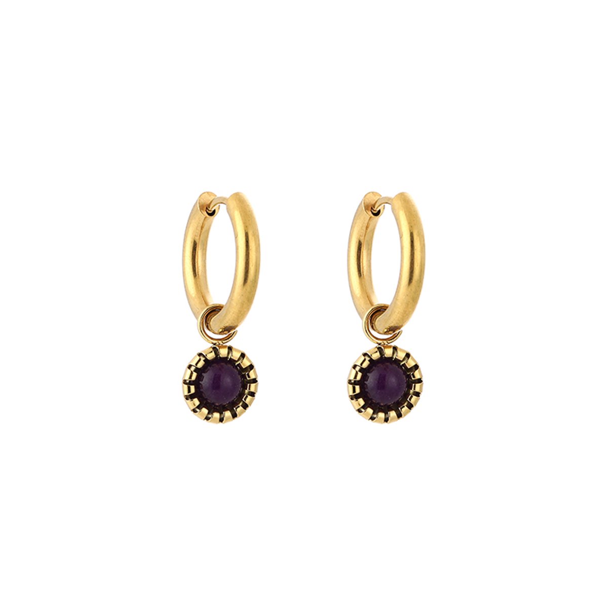 Stainless Steel Bezel Set Gemstone Charm Hoops – Luxe Natuursteen Bedel Oorringen – RVS - Paars